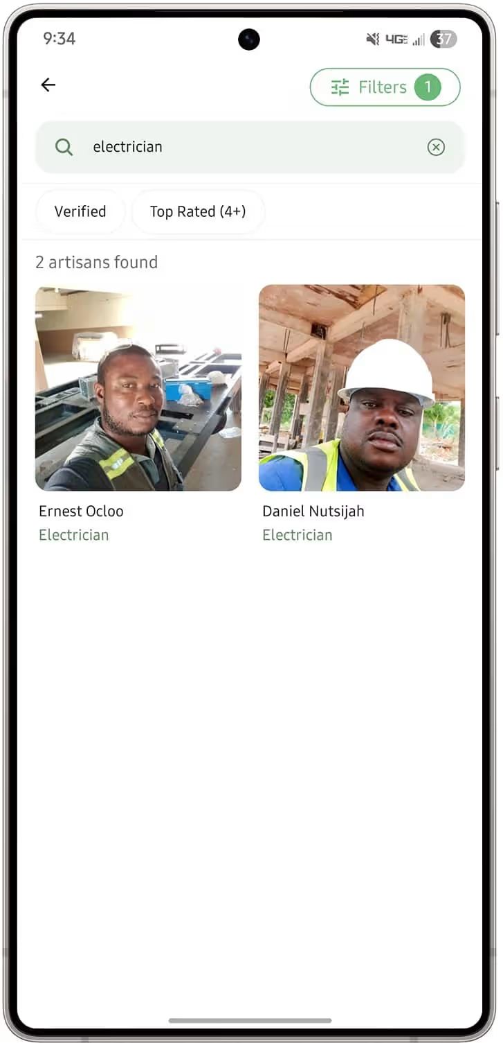 JumaLink search results for 'electrician' showing verified and top-rated artisan profiles.
The search results shows the profile of two electricians.