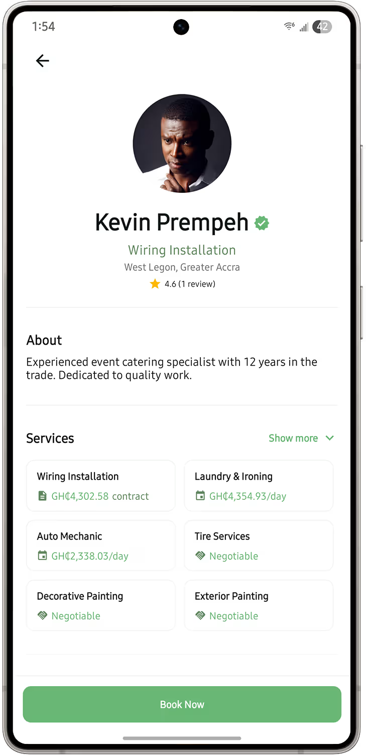 JumaLink app displaying an electrician profile with services like wiring installation, auto mechanic, and a Book Now button at the bottom of the screen